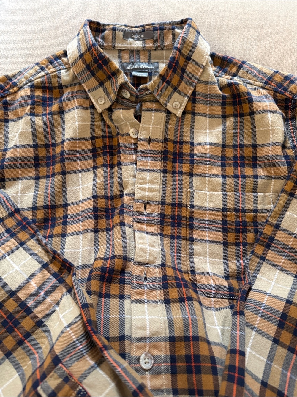 Eddie Bauer Tan Plaid Button-Down Shirt with Navy & Rust Accents